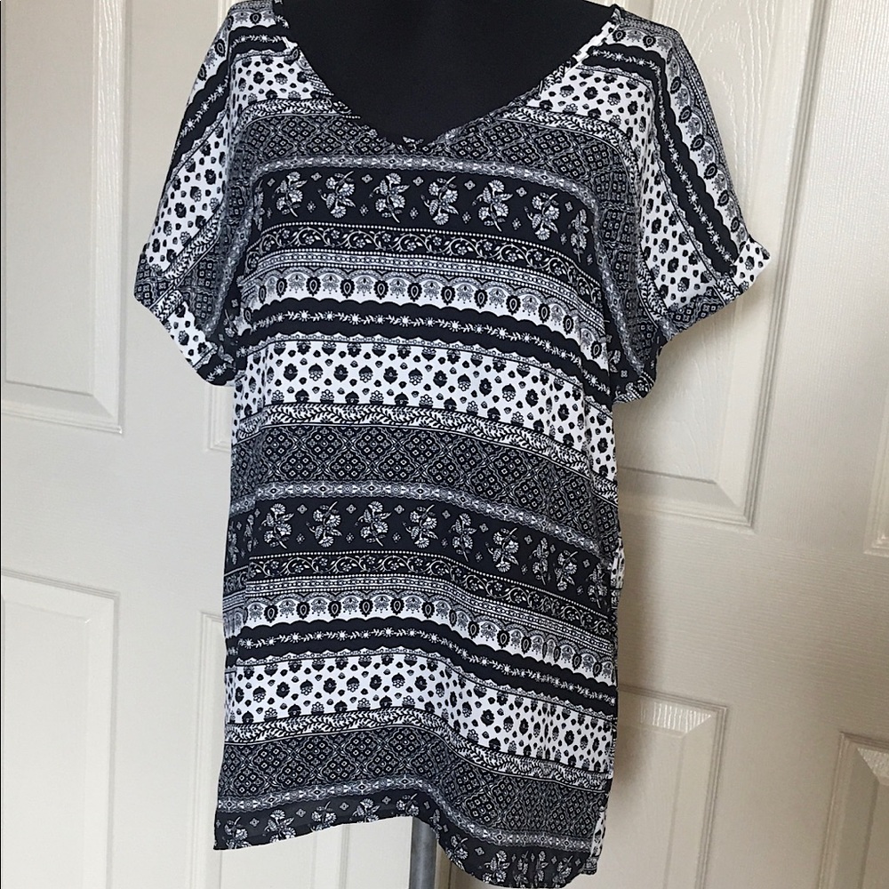 Black & white women's blouse // Pink Rose // size L